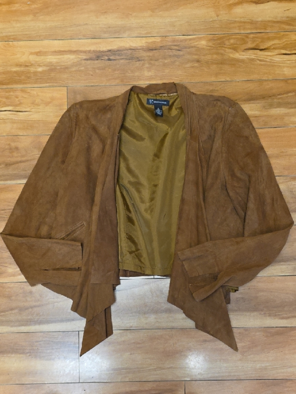 INC 100% Leather Size LG Draped Waterfall Long Sleeve Cardigan Jacket Pockets - Picture 8 of 11